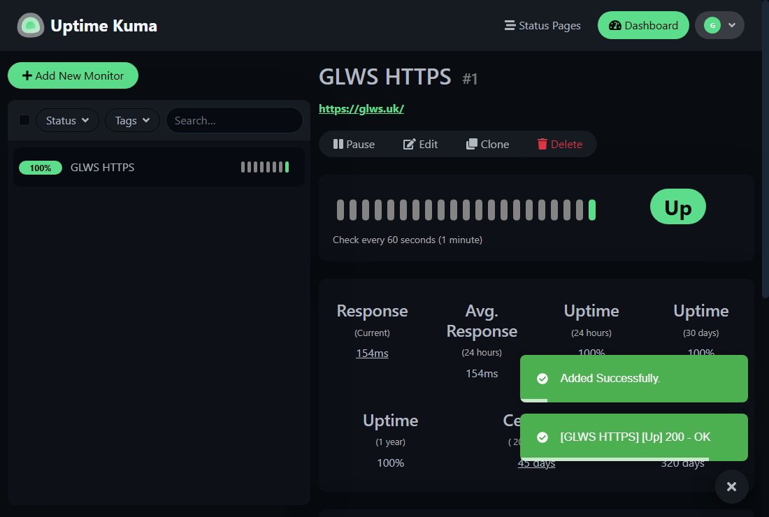 Uptime Kuma showing the GLWS HTTPS lab monitor in the Up state with certificate details.