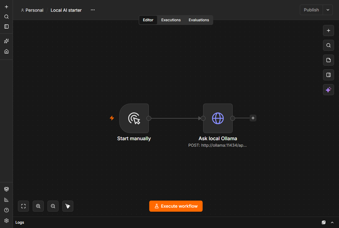 n8n editor with a manual trigger connected to an HTTP Request node calling private Ollama.