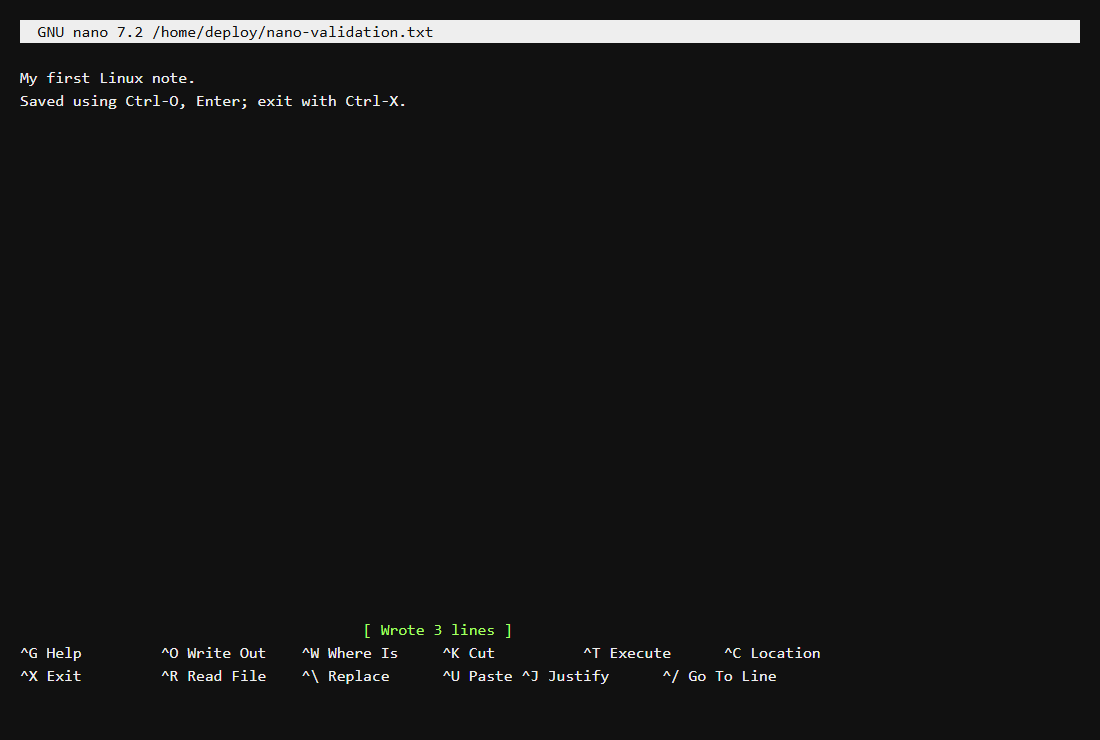 GNU nano showing the practice file saved successfully.
