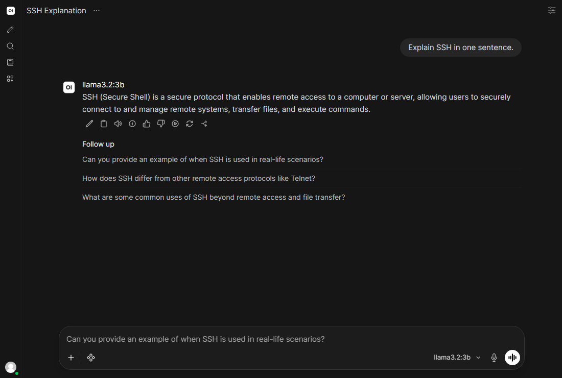 Open WebUI displaying a completed SSH explanation from a local llama3.2 model.